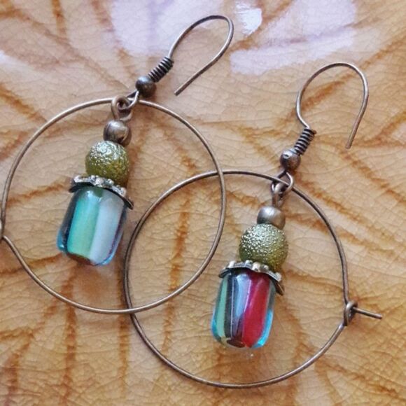 Artisan earrings  514# bohemian Czech cane red green white petite earrings 2Pair - Picture 3 of 4